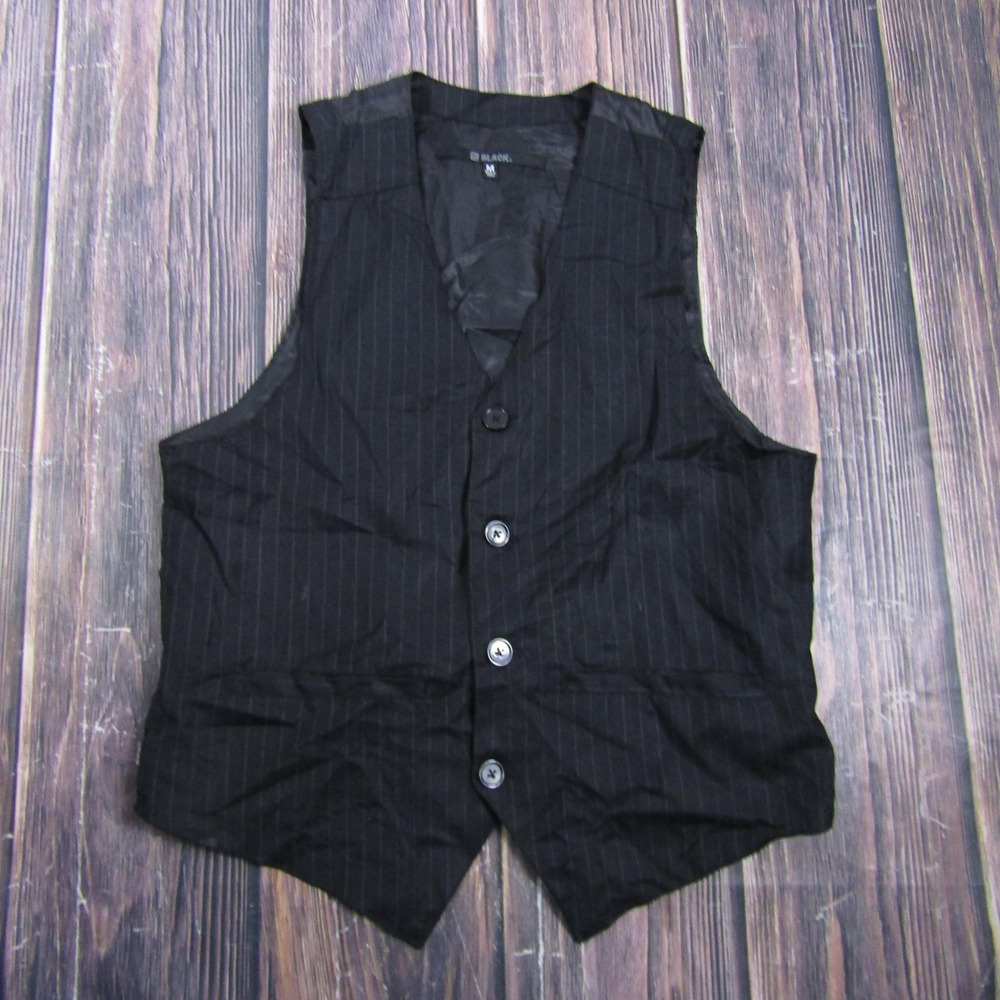 Black Vest Mens M Black Striped Collarless Button Front Lined Twill Waistcoat